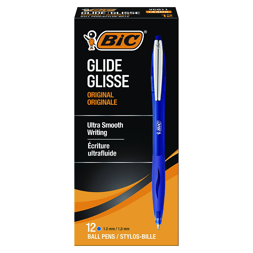 BIC GLIDE Ballpoint Pen, Retractable, Medium 1 mm, Blue Ink, Blue Barrel, Dozen (VCG11BE)