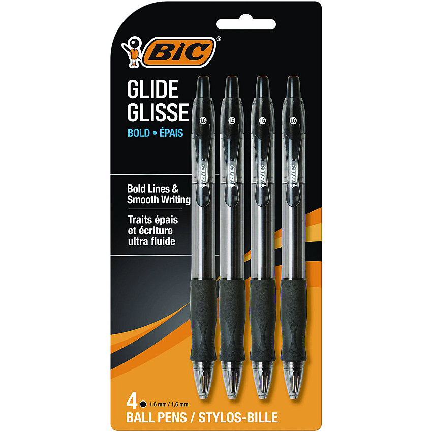 BIC GLIDE Bold Ballpoint Pen, Retractable, Bold 1.6 mm, Black Ink, Translucent Black Barrel, 4/Pack (VLGBP41BLK)