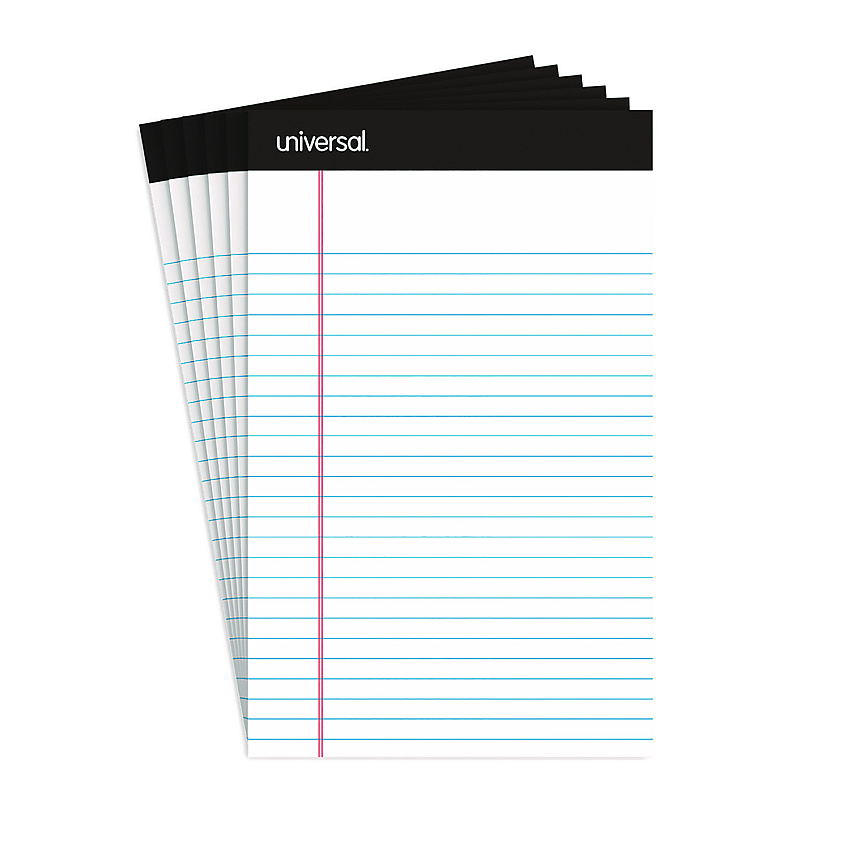 Universal Premium Ruled Writing Pads with Heavy-Duty Back, Narrow Rule, Black Headband, 50 White 5 x 8 Sheets, 6/Pack (UNV56300)
