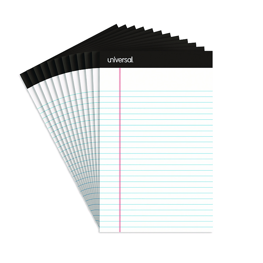 Universal Premium Ruled Writing Pads with Heavy-Duty Back, Narrow Rule, Black Headband, 50 White 5 x 8 Sheets, 12/Pack (UNV57300)