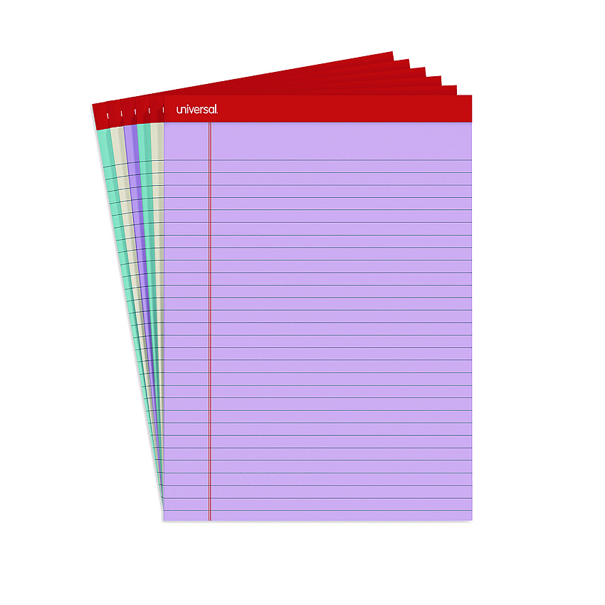 Universal Colored Perforated Ruled Writing Pads, Wide/Legal Rule, 50 Assorted Color 8.5 x 11.75 Sheets, 6/Pack (UNV35878)