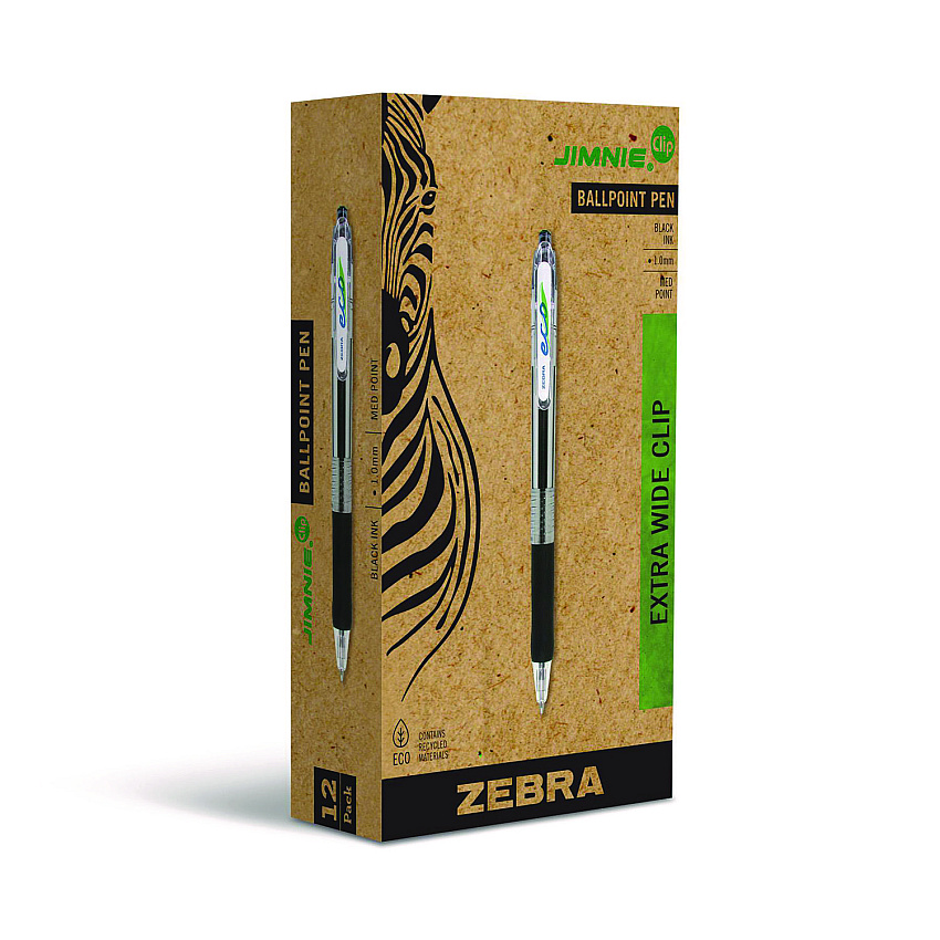 Zebra ECO Jimnie Clip Ballpoint Pen, Retractable, Medium 1 mm, Black Ink, Smoke Barrel, 12/Pack (22510)