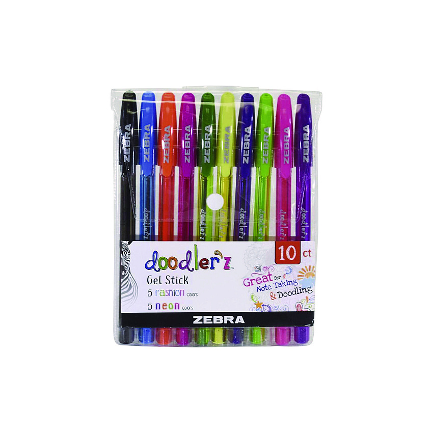 Zebra Doodler'z Gel Pen, Stick, Bold 1 mm, Assorted Fashion/Neon Ink and Barrel Colors, 10/Pack (41810)