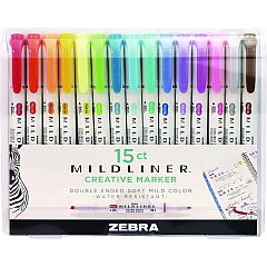 Zebra Mildliner Double Ended Highlighter, Assorted Ink Colors, Bold-Chisel/Fine-Bullet Tips, Assorted Barrel Colors, 15/Pack (78115)