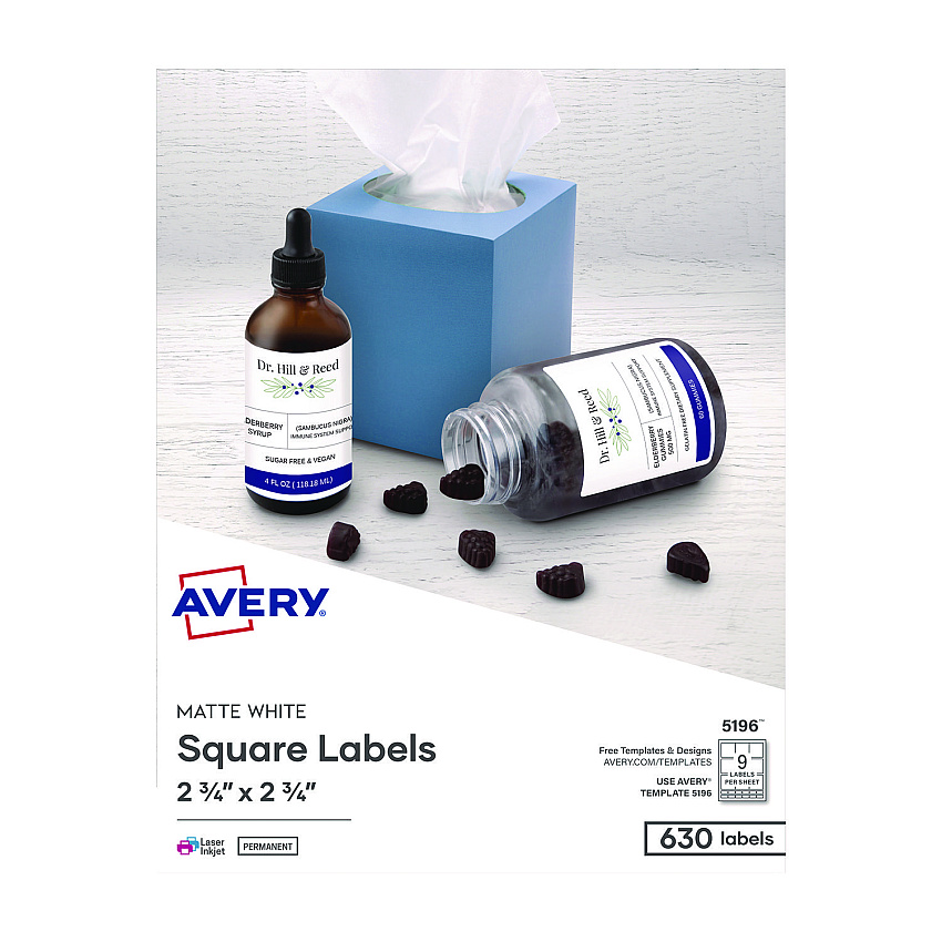 Avery Laser/Inkjet Media Labels, Inkjet/Laser Printers, 2.75" x 2.75", Matte White, 9 Labels/Sheet, 70 Sheets/Box (5196)