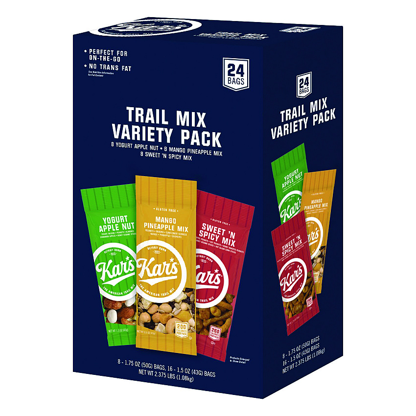Kar's Trail Mix Variety Pack, Mango Pineapple/Sweet 'N Spicy/Yogurt Apple Nut, 24 Packets/Box (SN08361)