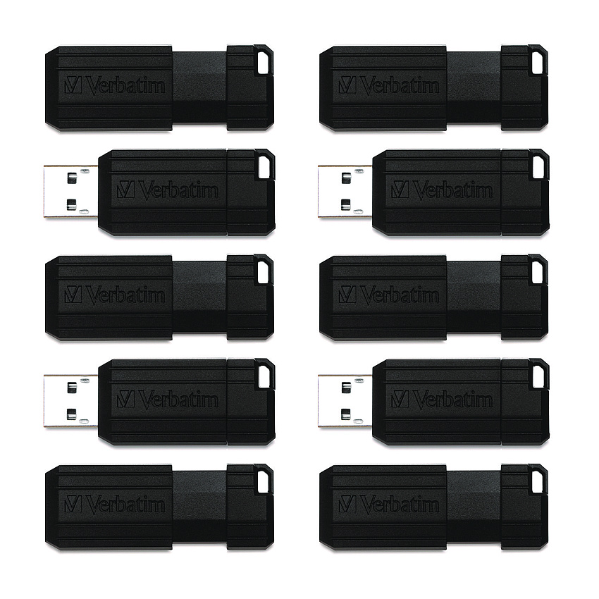 Verbatim PinStripe USB 2.0 Flash Drive, 32 GB, Black, 10/Pack (70062)