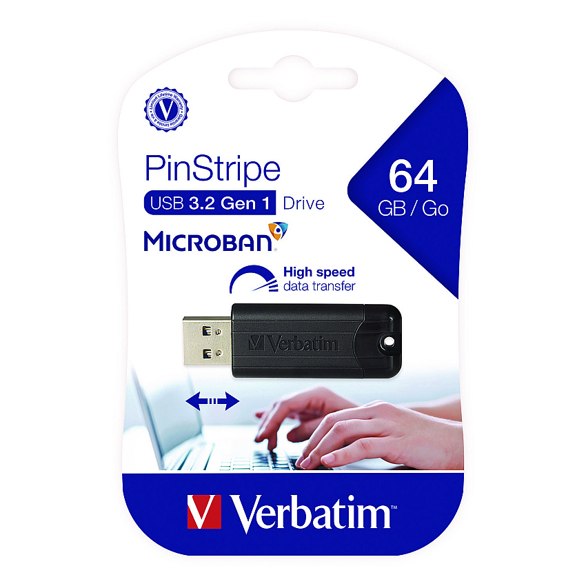 Verbatim PinStripe USB 3.2 Flash Drive, 64 GB, Black (49318)