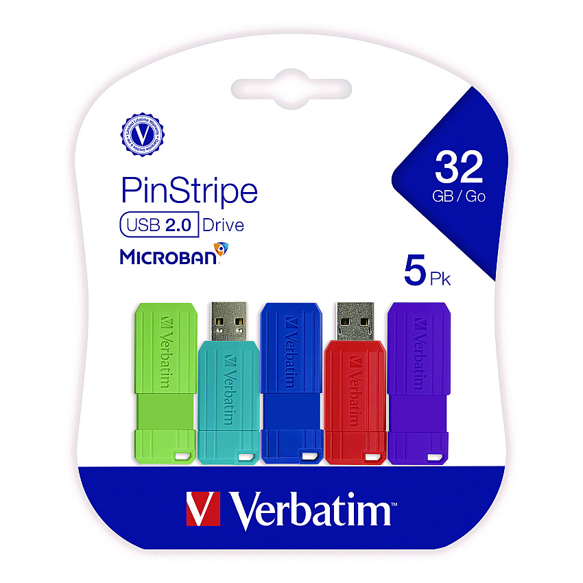 Verbatim PinStripe USB 3.2 Flash Drive, 32 GB, Assorted Colors, 5/Pack (70055)