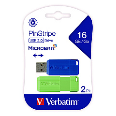 Verbatim PinStripe USB 2.0 Flash Drive, 16 GB, Blue/Green, 2/Pack (99149)
