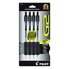 Pilot G2 Premium Gel Pen, Retractable, Extra-Fine 0.5 mm, Black Ink, Smoke/Black Barrel, 4/Pack (31055)