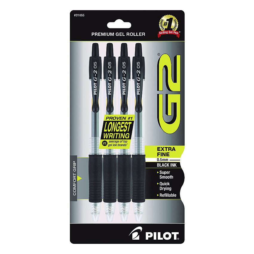 Pilot G2 Premium Gel Pen, Retractable, Extra-Fine 0.5 mm, Black Ink, Smoke/Black Barrel, 4/Pack (31055)