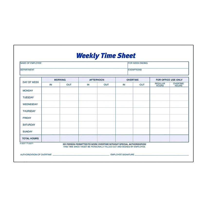 Adams Time Sheets, One Part (No Copies), 8.5 x 5.5, 100 Forms/Pad, 2 Pads/Pack (9507ABF)