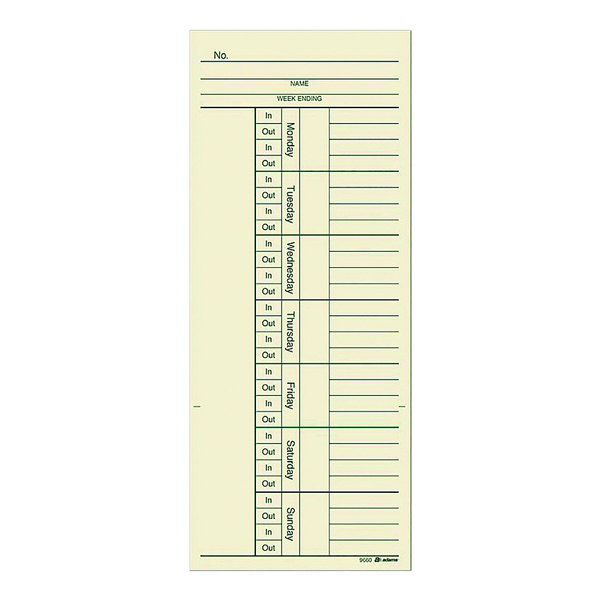 Adams Time Cards for Acroprint, Amano and Lathem Time Clocks, Two Sides, 3.4" x 8.25", 200/Pack (9660200)
