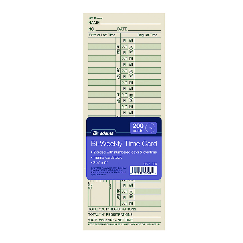 Adams Time Cards for Acroprint, Amano and Lathem Time Clocks, Two Sides, Bi-Weekly, 3.38" x 9", 200/Pack (9675200)