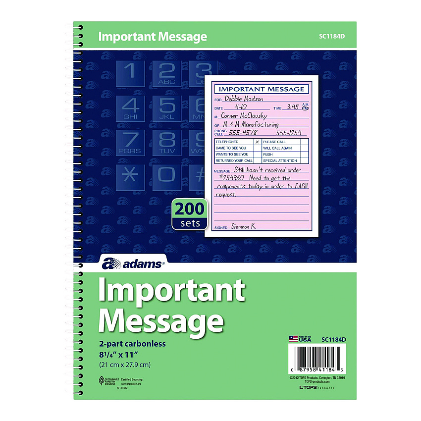 Adams Important Message Book, Two-Part Carbonless, 4 Forms/Sheet, 200 Forms Total (SC1184D)