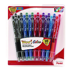 Pentel WOW! Ballpoint Pen, Retractable, Medium 1 mm, Assorted Ink and Barrel Colors, 18/Pack (BK440BP18M)