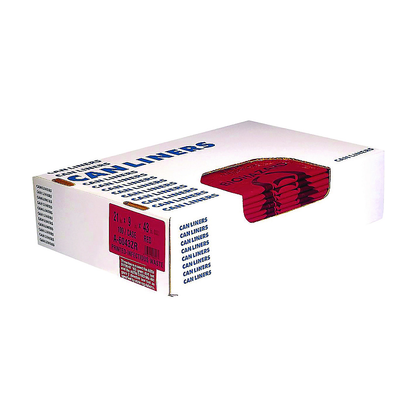 Heritage Healthcare Biohazard Printed Low-Density Can Liners, Infectious Waste, 30 gal, 3 mil, 30" x 43", Red, 100/Carton (A6043ZR)