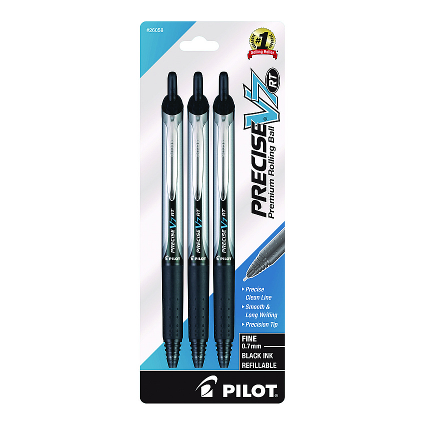 Pilot Precise V7RT Roller Ball Pen, Retractable, Fine 0.7 mm, Black Ink and Barrel, 3/Pack (26058)