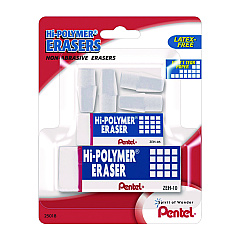 Pentel Hi-Polymer Eraser Assortment, (4) Pencil Caps/(1) Large Block/(1) Small Block, White, 6/Pack (ZEH2510BP)
