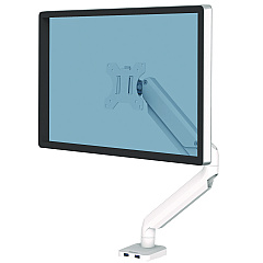 Fellowes Platinum Series Single Monitor Arm, For 27" Monitors, 360 deg Rotation, 45 deg Tilt, 180 deg Pan, White, Supports 20 lb (8056201)