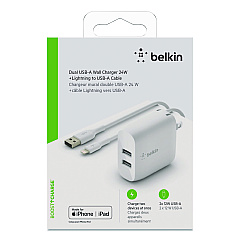 Belkin BOOST CHARGE Dual USB-A Wall Charger + Lightning to USB-A Cable, White (WCD001DQ1MWH)