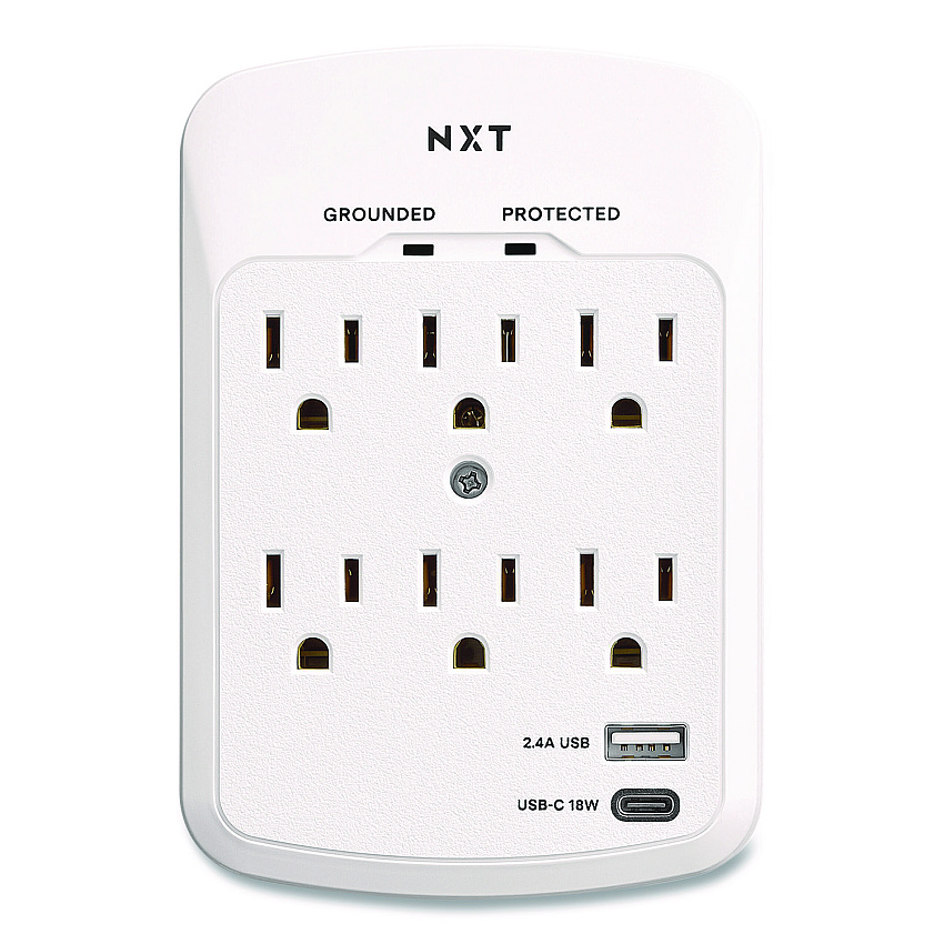 NXT Technologies 6-Outlet Plus USB Outlet Surge Protector, 6 AC Outlets/2 USB Ports, 900 J, White (NX61427)