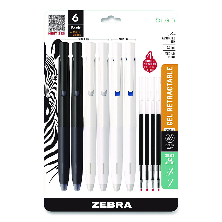 Zebra bLen Gel Pen, Medium 0.7 mm, Black; Blue Ink, White; Black Barrel, 6/Pack (49501)