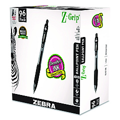 Zebra Z-Grip Ballpoint Pen, Retractable, Medium, 1 mm, Black Ink, Clear/Black Barrel, 96/Pack (22196)