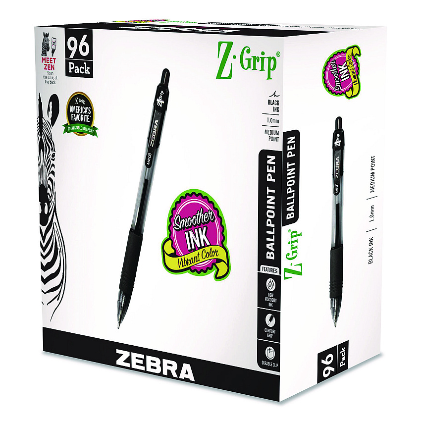 Zebra Z-Grip Ballpoint Pen, Retractable, Medium, 1 mm, Black Ink, Clear/Black Barrel, 96/Pack (22196)