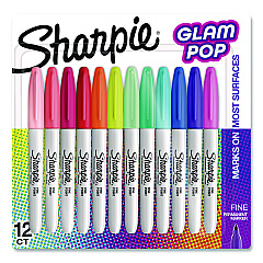 Sharpie Glam Pop Permanent Markers, Fine Bullet Tip, Assorted Colors, 12/Pack (2185226)