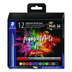 Staedtler Pigment Brush Pen Set, Medium-Firm, Assorted Basic Colors, 12/Pack (371C121)