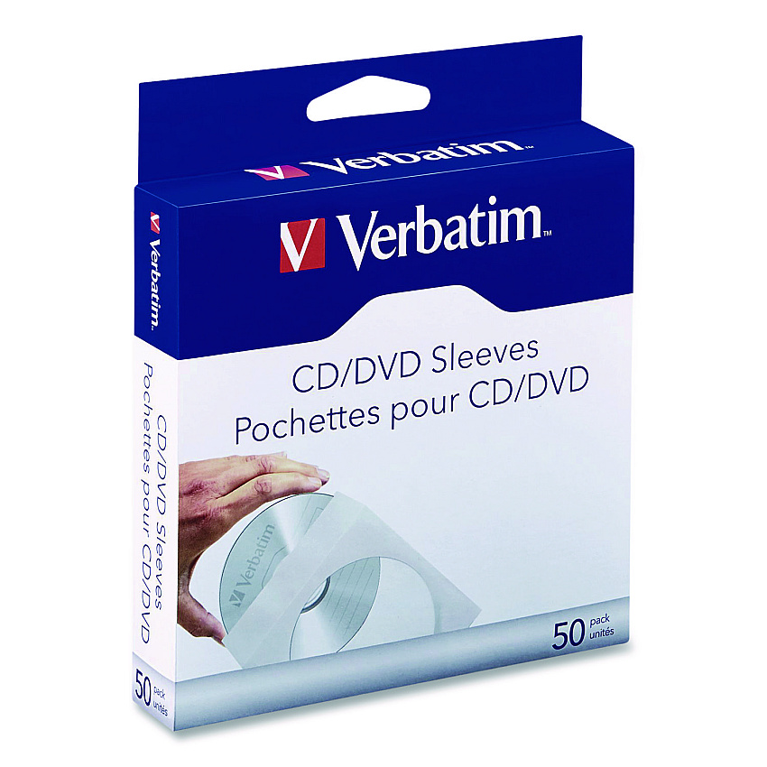 Verbatim CD/DVD Sleeves, 1 Disc Capacity, Clear/White, 50/Box (70126)