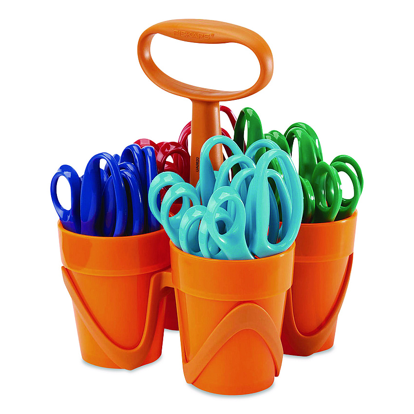 Fiskars Classpack Scissors Caddy, Pointed Tip, 5" Long, 1.6" Cut Length, Straight Asst Color Handles: Blue/Green/Lt Blue/Red, 24/Set (1067059)