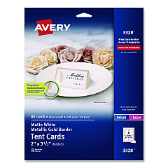 Avery Matte White Metallic Gold Border Tent Cards, 3.5 x 2, 4 Cards/Sheet, 20 Sheets/Pack (3328)