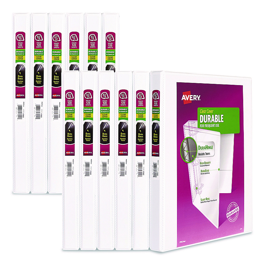 Avery Durable View Binder with DuraHinge and Slant Rings, 3 Rings, 0.5" Capacity, 11 x 8.5, White, 12/Carton (17002CT)