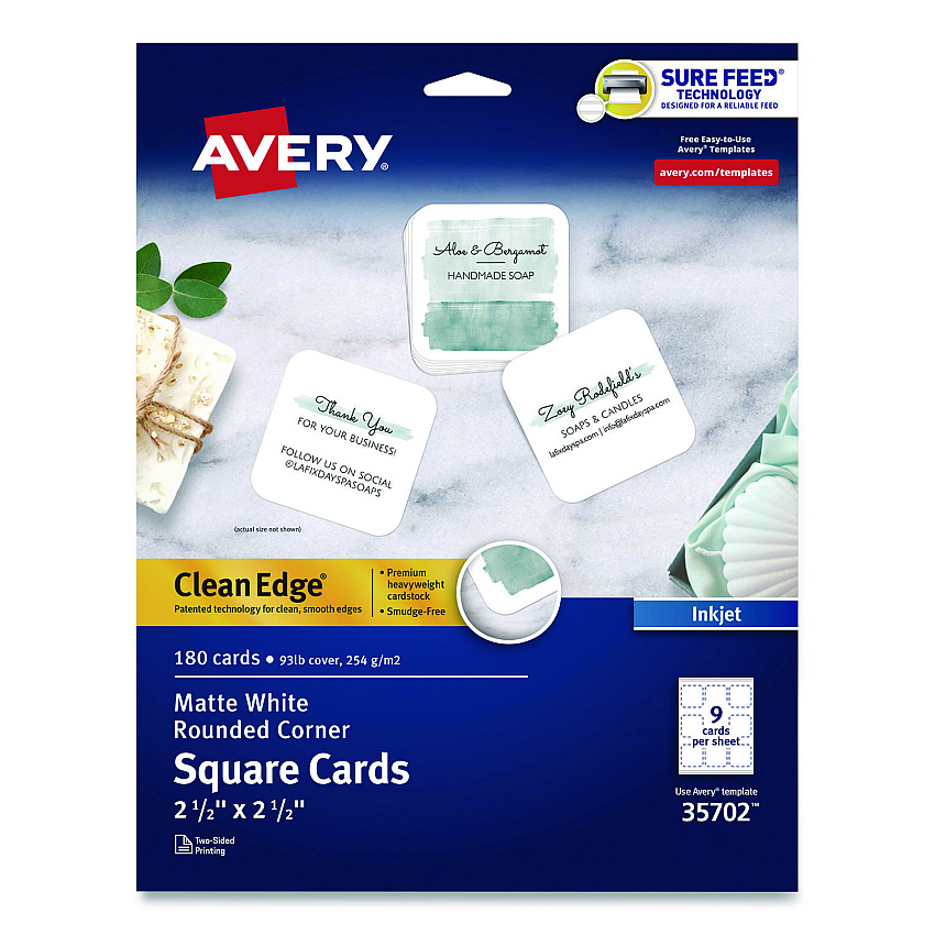 Avery Clean Edge Square Cards, Inkjet, 2.5 x 2.5, 9 Cards/Sheet, 20 Sheets/Pack (35702)