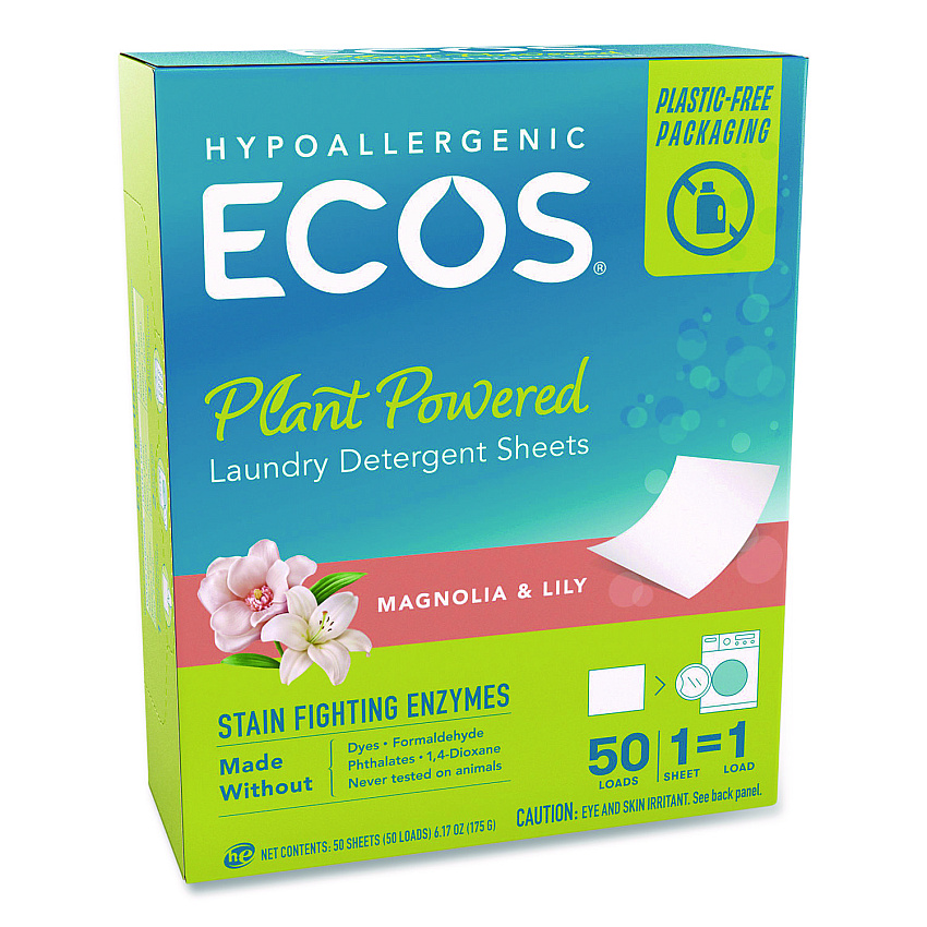 ECOS PRO Liquidless Laundry Detergent Sheets, Magnolia and Lily, 6.17 oz Box, 50 Sheets (953610)