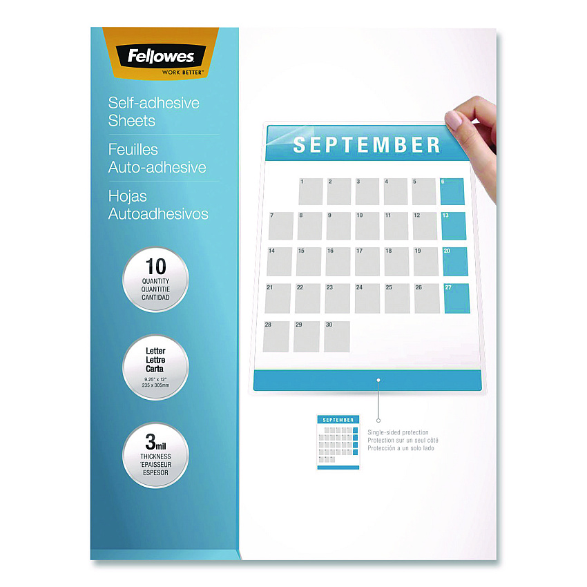 Fellowes Self-Adhesive Laminating Sheets, 3 mil, 9.25 x 12, Glossy Clear, 10/Pack (5221501)