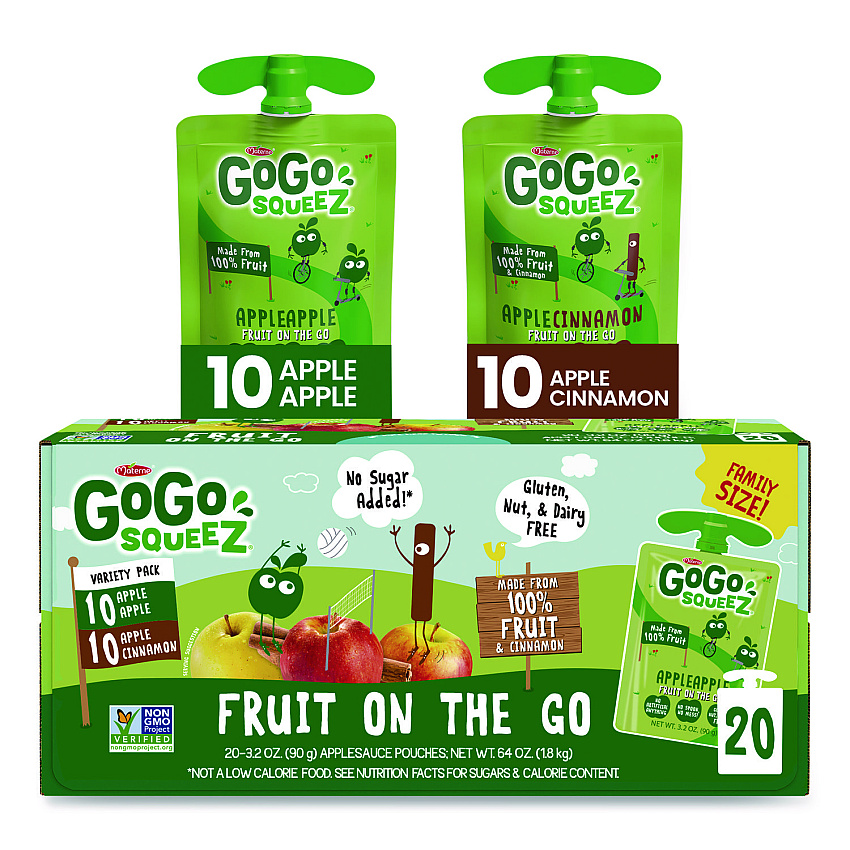 GoGo Squeez Fruit on the Go, (10) Apple/(10) Apple Cinnamon, 3.2 oz Pouch, 20/Box (24331019)