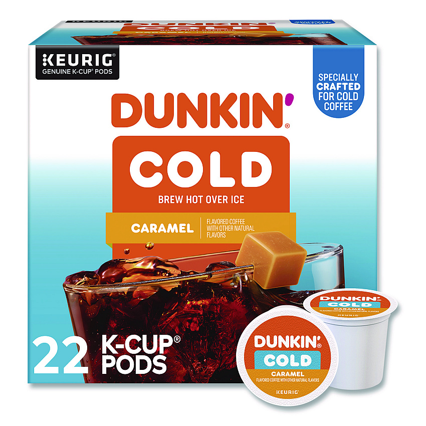 Dunkin Donuts Cold Iced Coffee K-Cups, Caramel, 0.44 oz, 22/Box (5000375314)