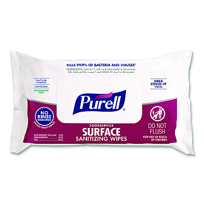 PURELL Foodservice Surface Sanitizing Wipes, 1-Ply, 7.4 x 9, Fragrance Free, White, 72 Wipes/Resealable Pack (937112)