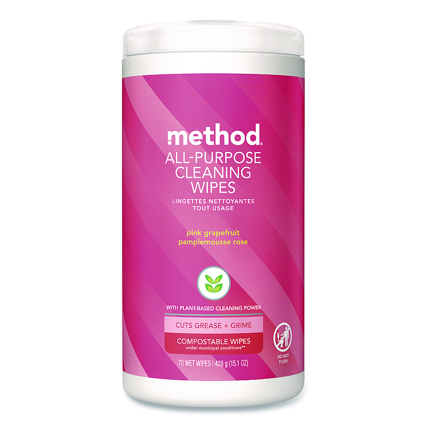 Method All Purpose Cleaning Wipes, 1 Ply, Pink Grapefruit, White, 70/Pack (365347)