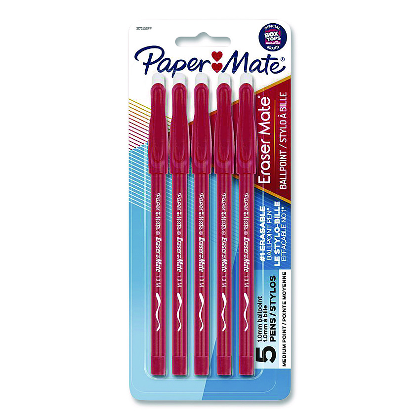 Paper Mate Eraser Mate Ballpoint Pen, Stick, Medium 1 mm, Red Ink, Red Barrel, 5/Pack (31735)