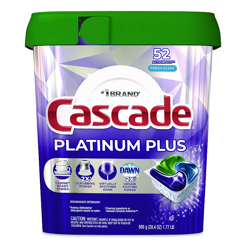 Cascade Platinum Plus ActionPacs Dishwasher Detergent Pods, Fresh Scent, 28.4 oz Tub, 52/Pack (06156PK)