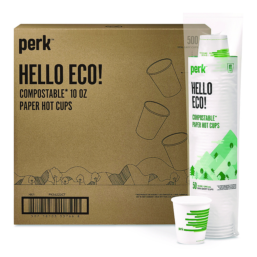 Perk Eco-ID Compostable Paper Hot Cups, 10 oz, White/Green, 500/Carton (PK56223CT)
