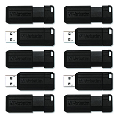 Verbatim Pinstripe USB 2.0 Flash Drive, 64 GB, Black, 10/Pack (70901)