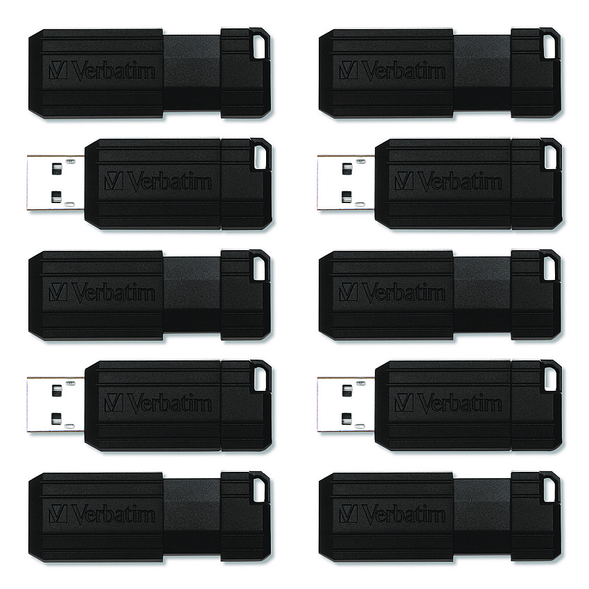 Verbatim Pinstripe USB 2.0 Flash Drive, 64 GB, Black, 10/Pack (70901)