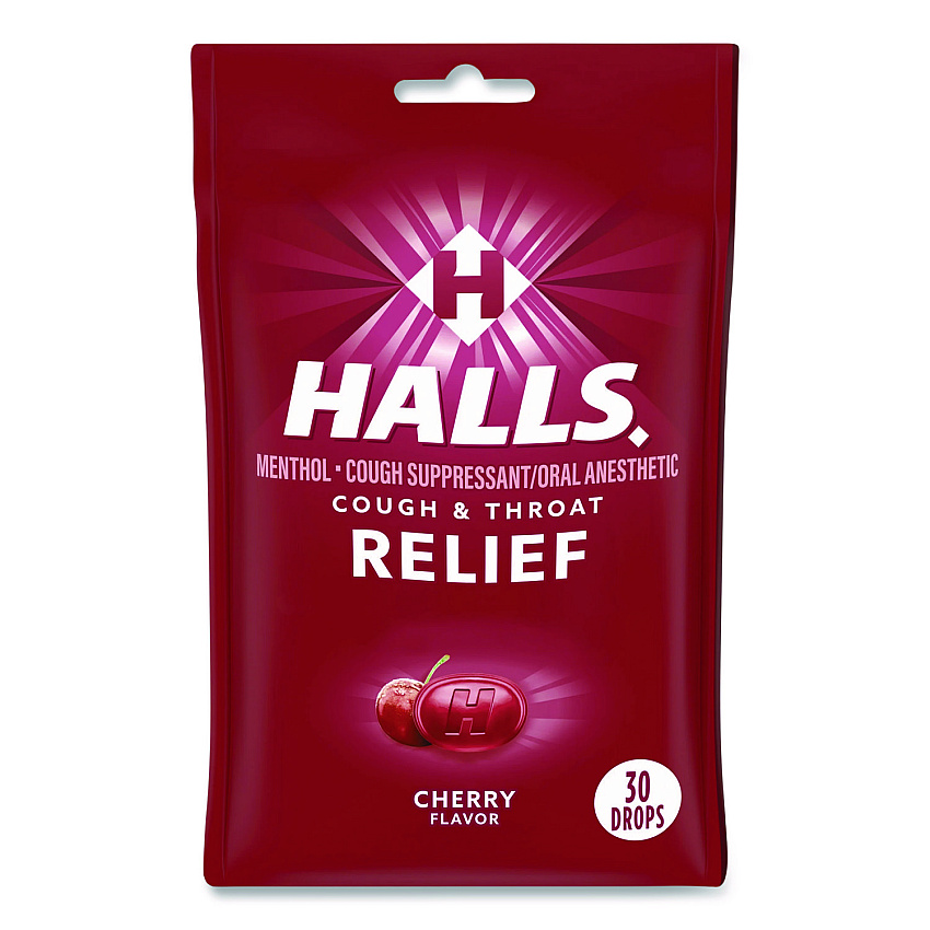 Halls Relief Menthol Cough Suppressant - Oral Anesthetic, Cherry, 30/Pack (621825221OWN)