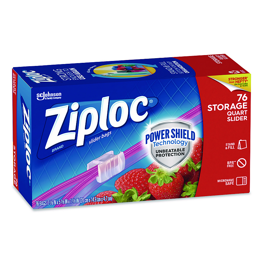 Ziploc Slider Storage Bags, Quart, 5.88" x 1.88" x 7.88", Clear, 76 Bags (316490EA)